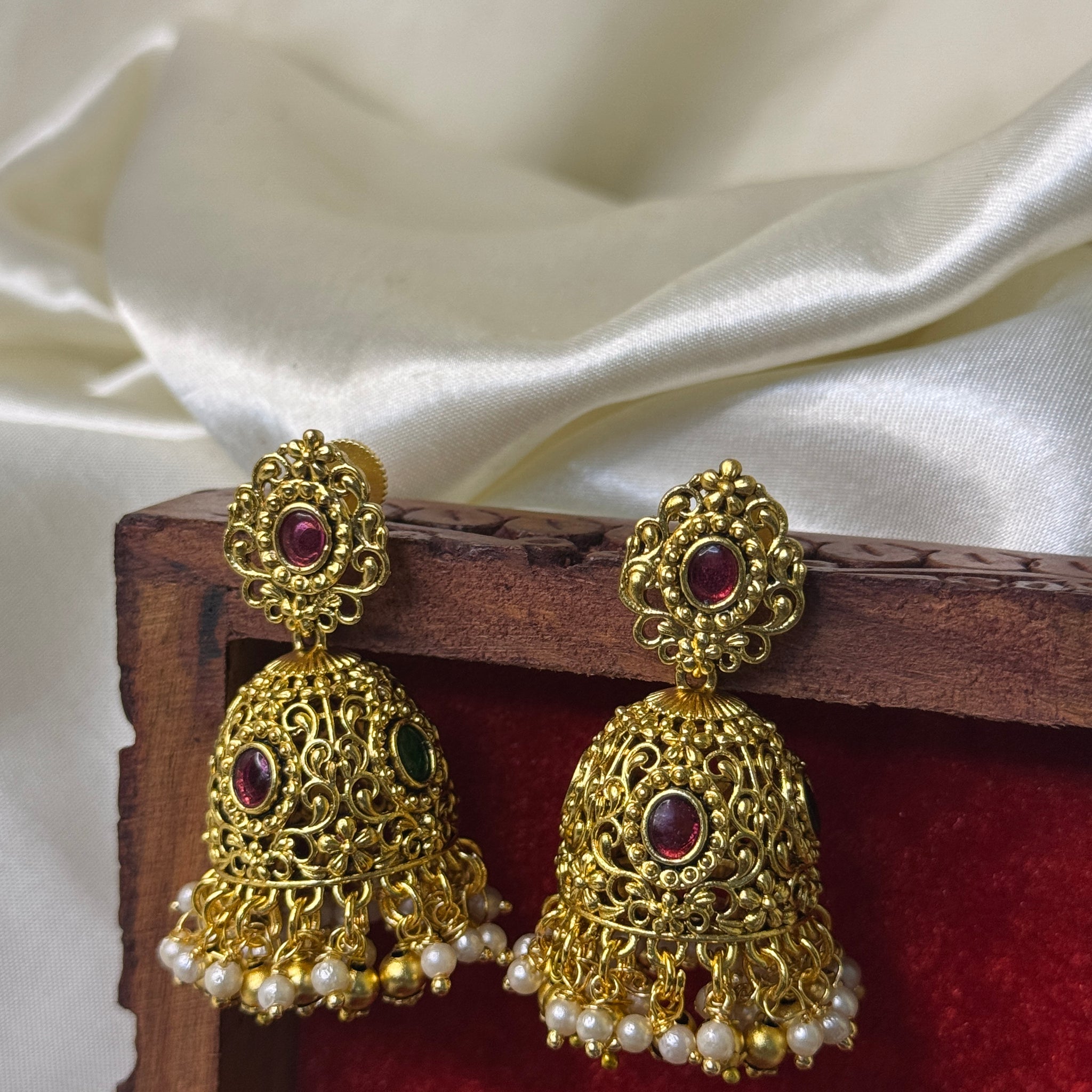 Elegant Antique Jhumka Earrings with Stone Detailing & Golden Beads
