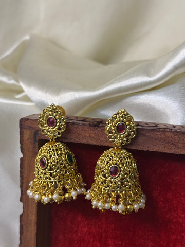 Elegant Antique Jhumka Earrings with Stone Detailing & Golden Beads