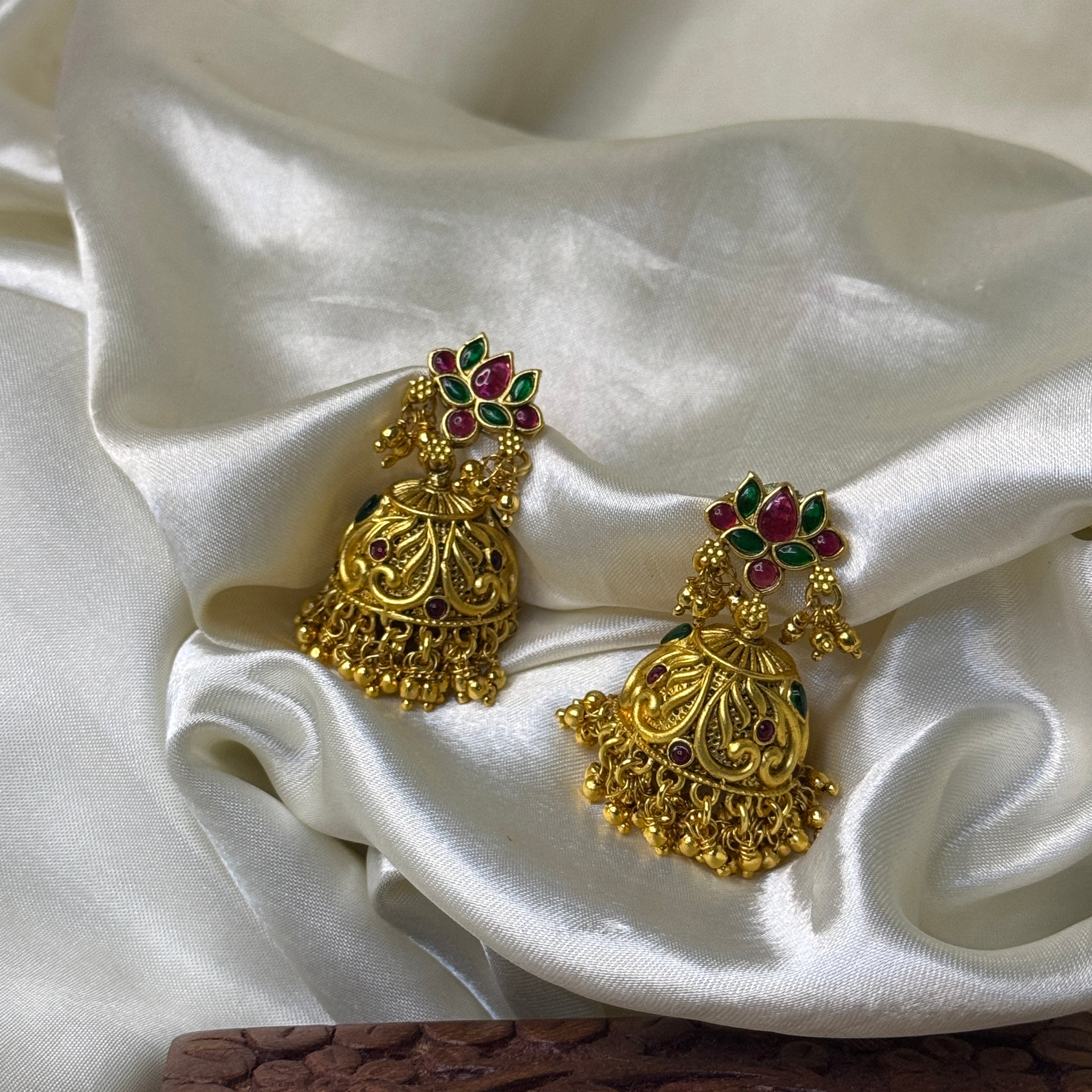 Regal Antique Lotus Jhumka Earrings with Golden Bead Accents