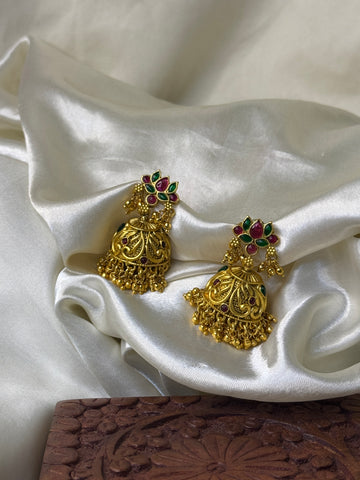 Regal Antique Lotus Jhumka Earrings with Golden Bead Accents