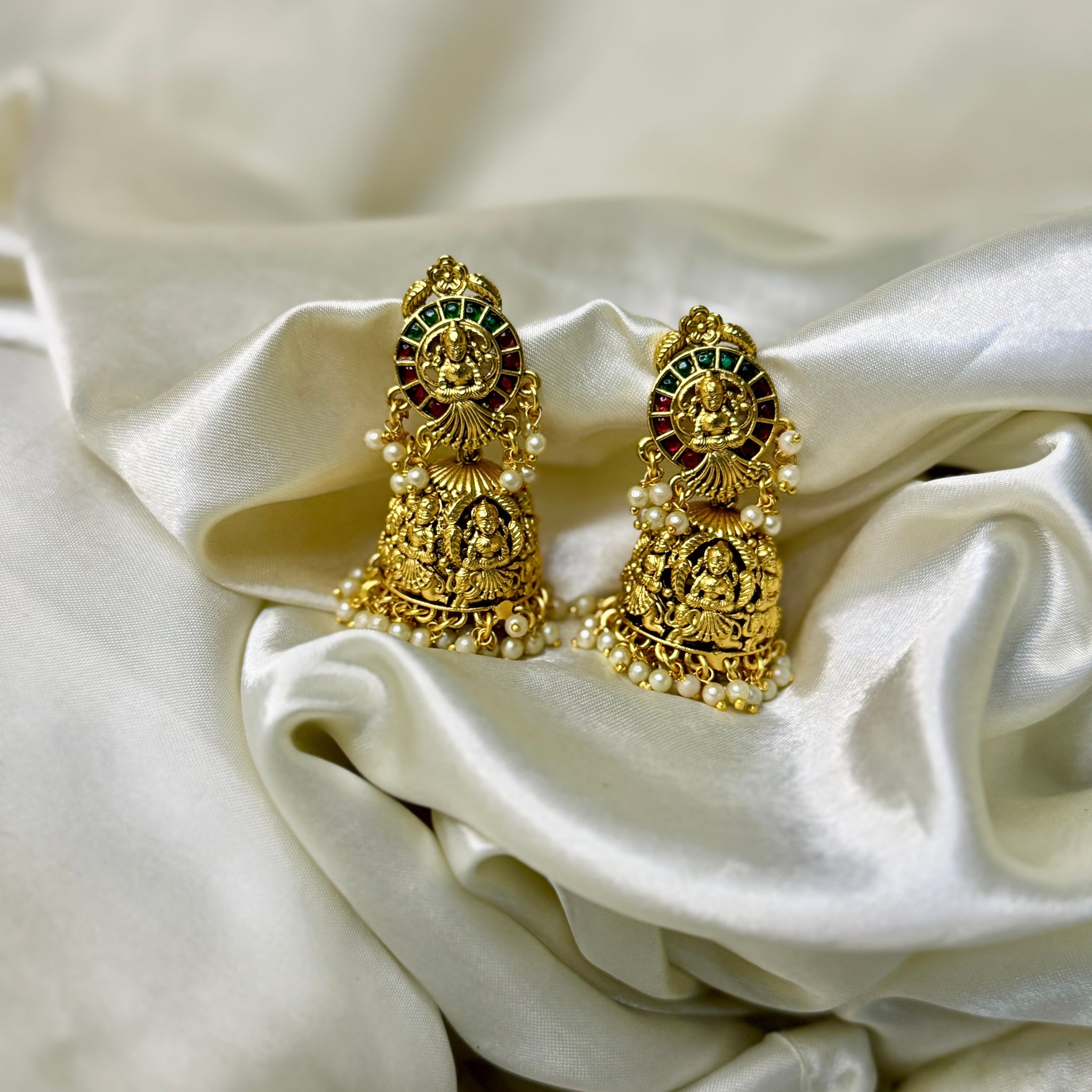 Divine Lakshmi Antique Jhumka Earrings with Stone & Floral Detailing