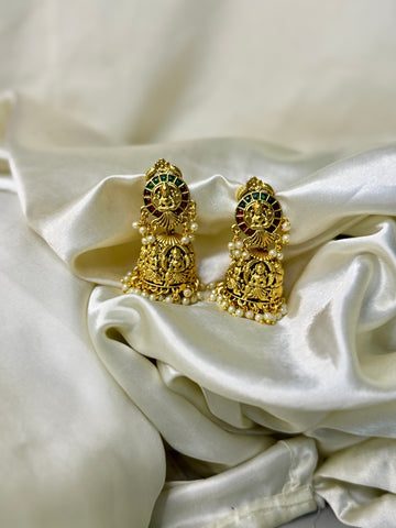 Divine Lakshmi Antique Jhumka Earrings with Stone & Floral Detailing