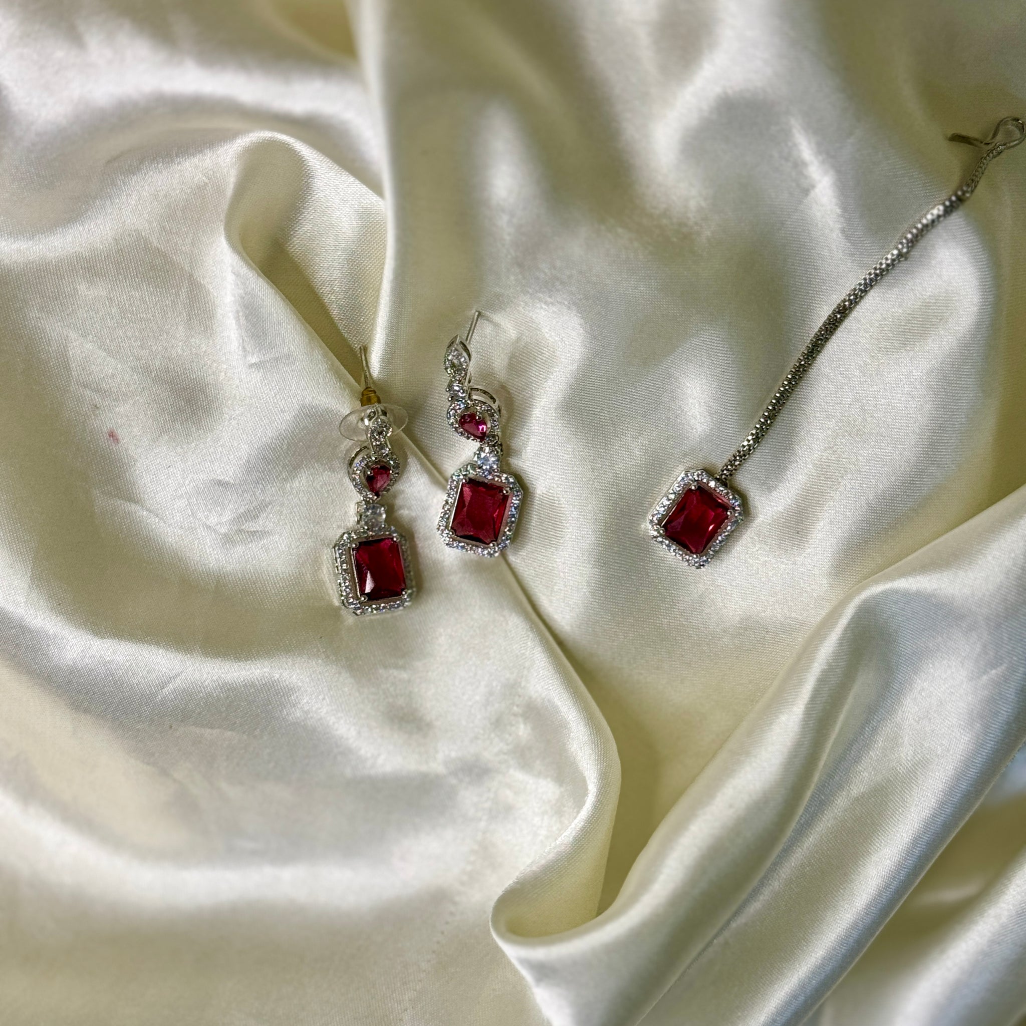 Victorian Earrings & Maangtikka Set with Deep Red Stones & Crystal Accents.
