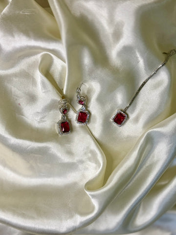 Victorian Earrings & Maangtikka Set with Deep Red Stones & Crystal Accents.
