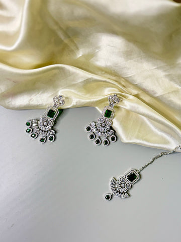 Victorian Green Crystal Earrings & Maangtikka Set – Elegant Water Drop Design