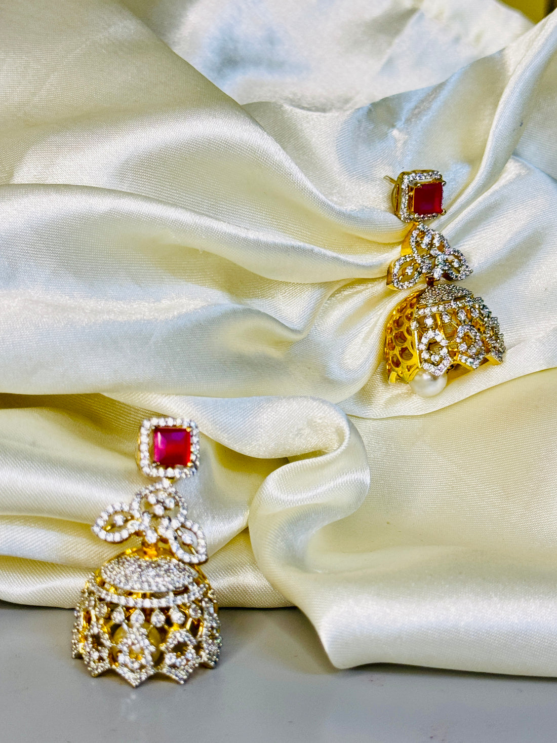 Victorian Crystal Earrings with Red Stone & Pearl Accents