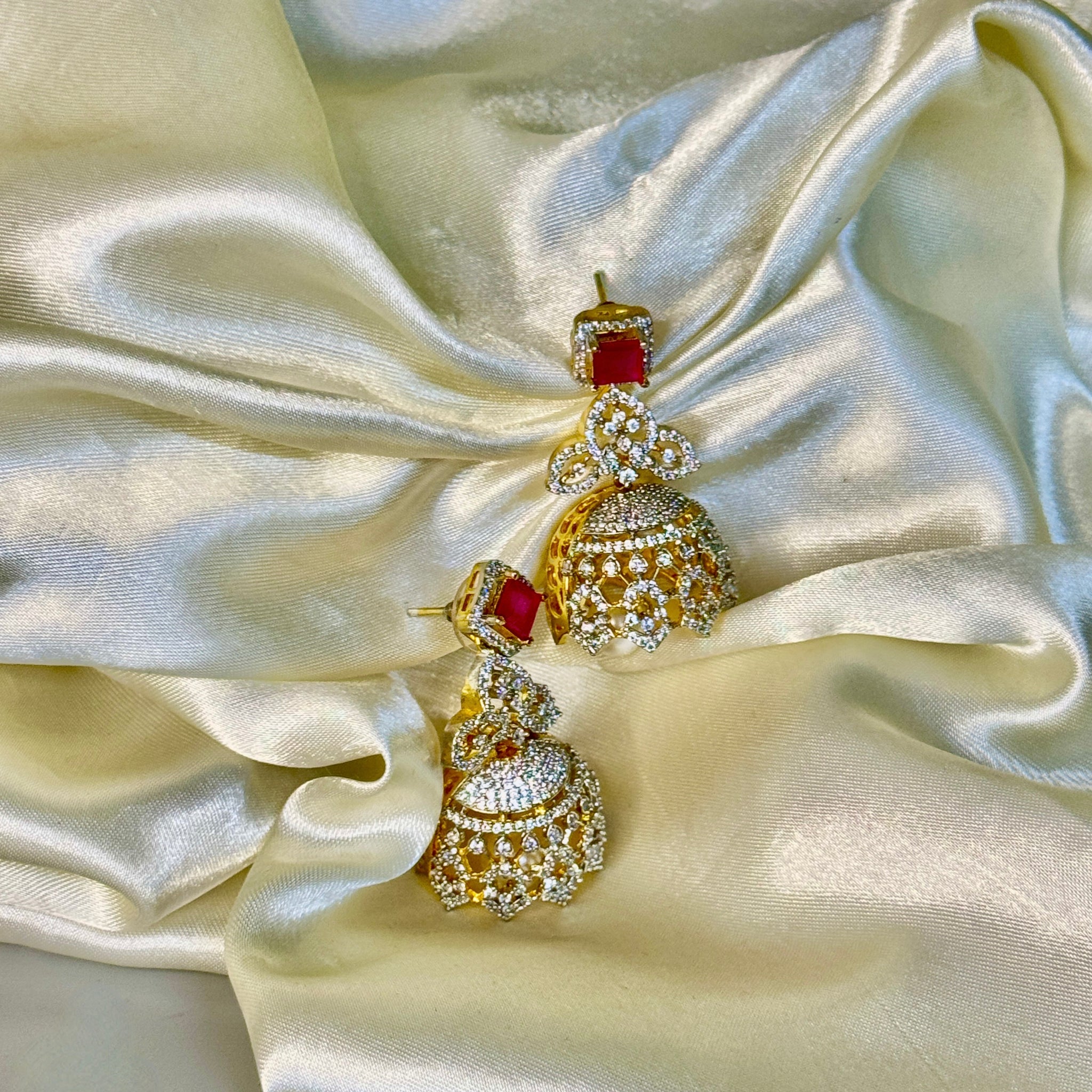 Victorian Crystal Earrings with Red Stone & Pearl Accents
