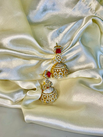 Victorian Crystal Earrings with Red Stone & Pearl Accents
