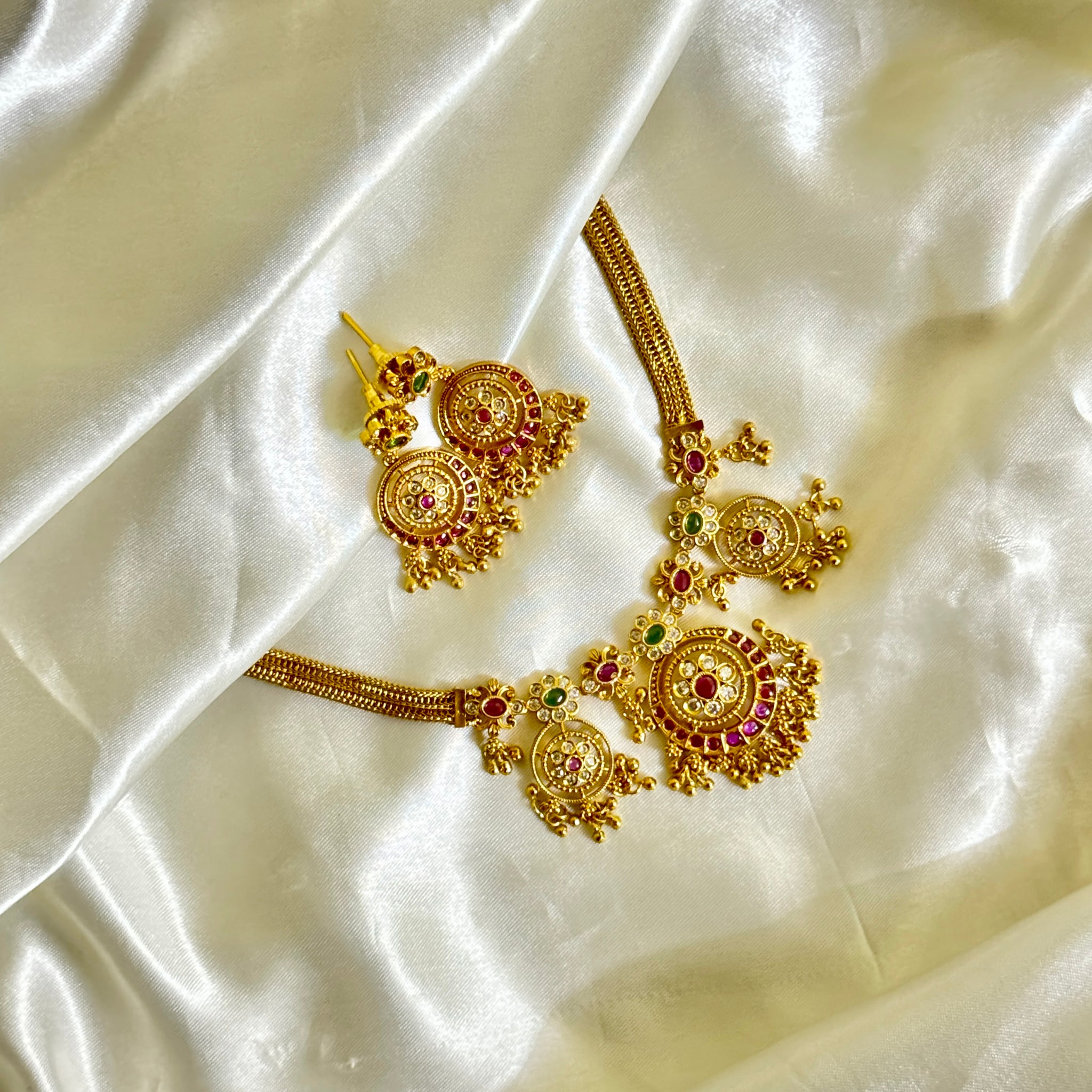 Antique Floral Necklace with Stone Embellishments - Timeless Beauty - Jewels by Meena