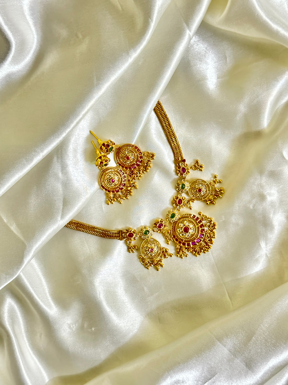 Antique Floral Necklace with Stone Embellishments - Timeless Beauty - Jewels by Meena