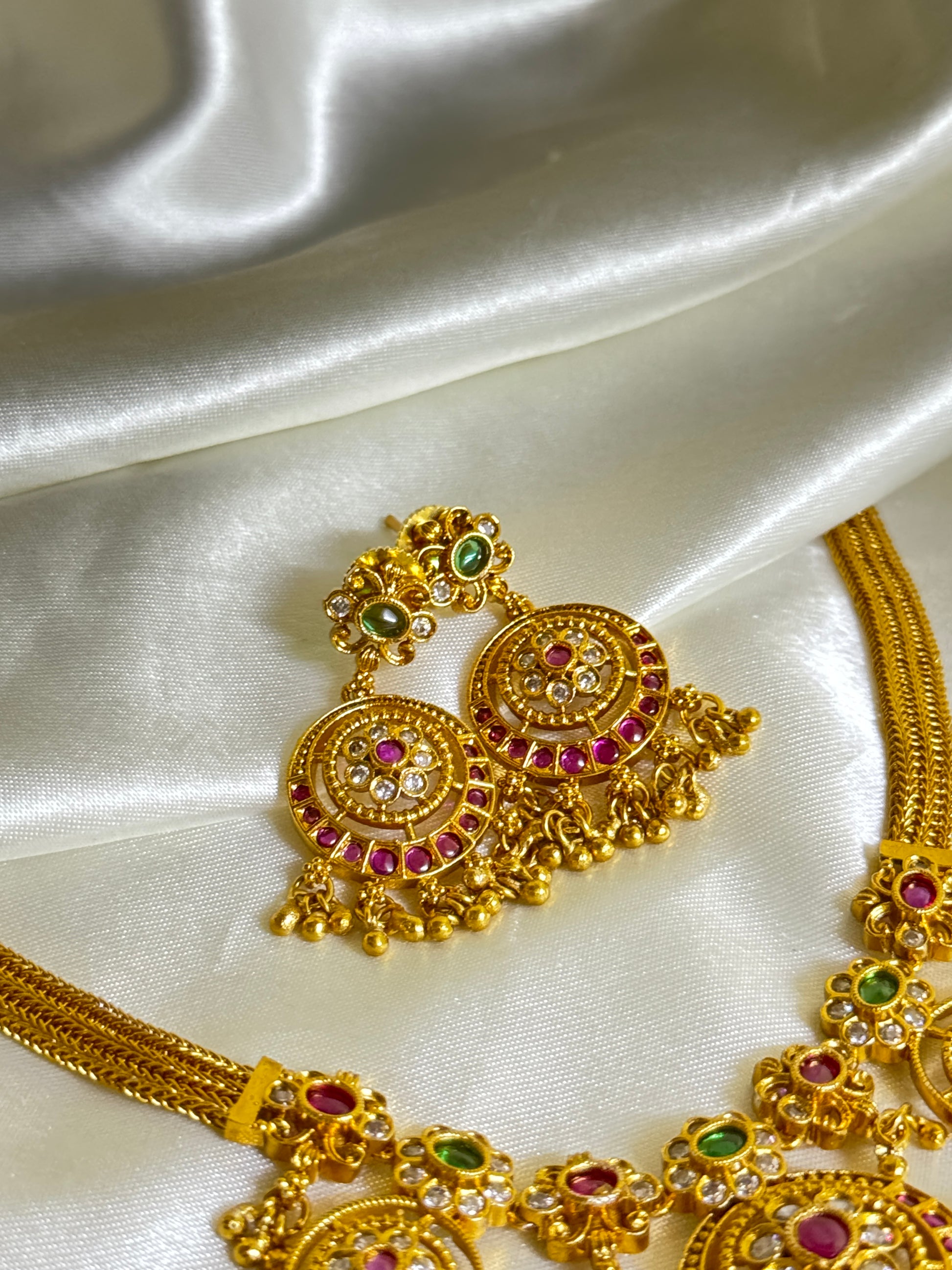 Antique Floral Necklace with Stone Embellishments - Timeless Beauty - Jewels by Meena