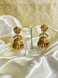 Traditional Jhumka Earrings with Floral Motif, Clear Stones & Golden Beads - Timeless Beauty - Jewels by Meena