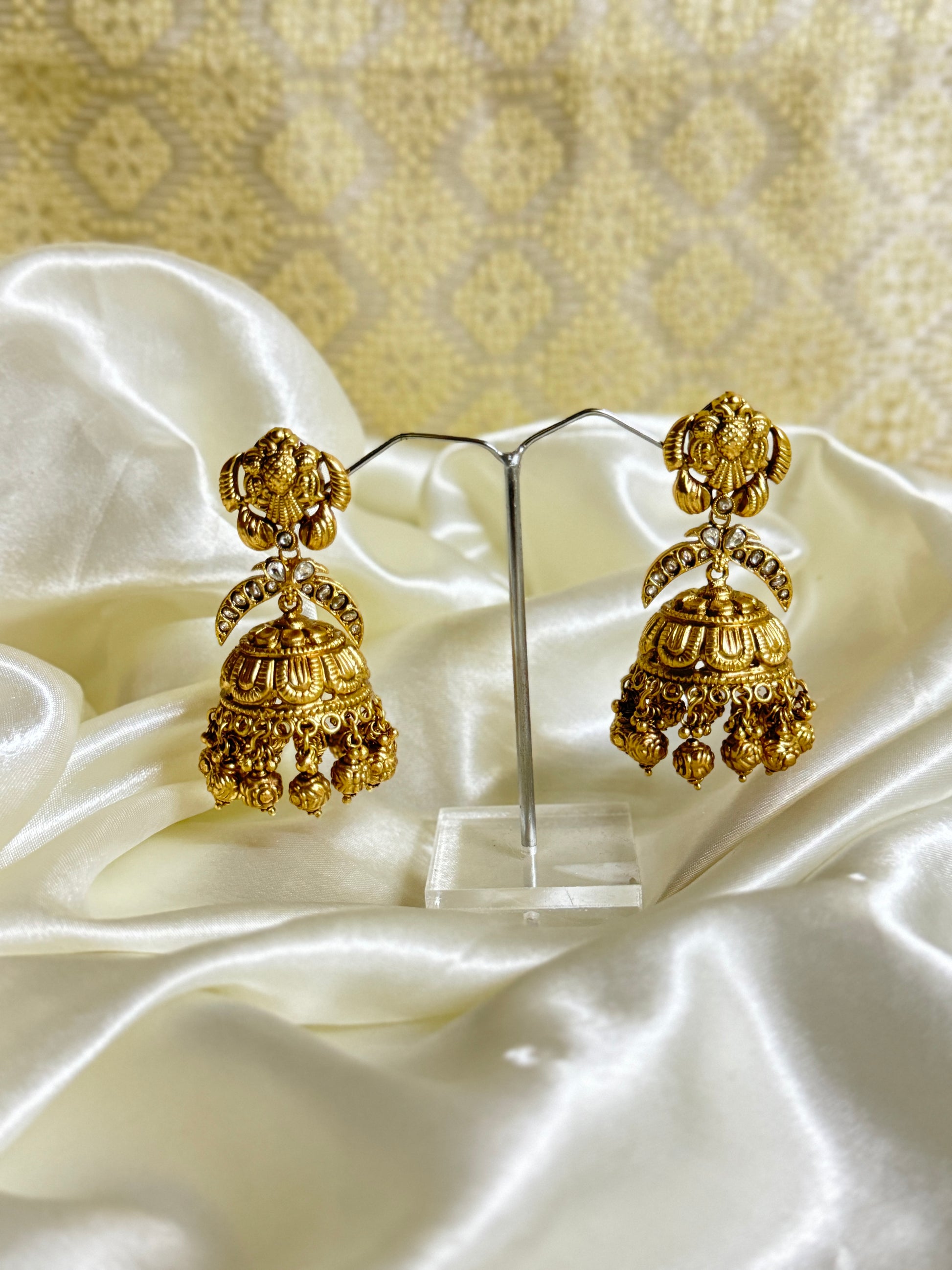 Traditional Jhumka Earrings with Floral Motif, Clear Stones & Golden Beads - Timeless Beauty - Jewels by Meena
