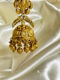 Traditional Jhumka Earrings with Floral Motif, Clear Stones & Golden Beads - Timeless Beauty - Jewels by Meena