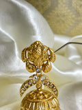 Traditional Jhumka Earrings with Floral Motif, Clear Stones & Golden Beads - Timeless Beauty - Jewels by Meena