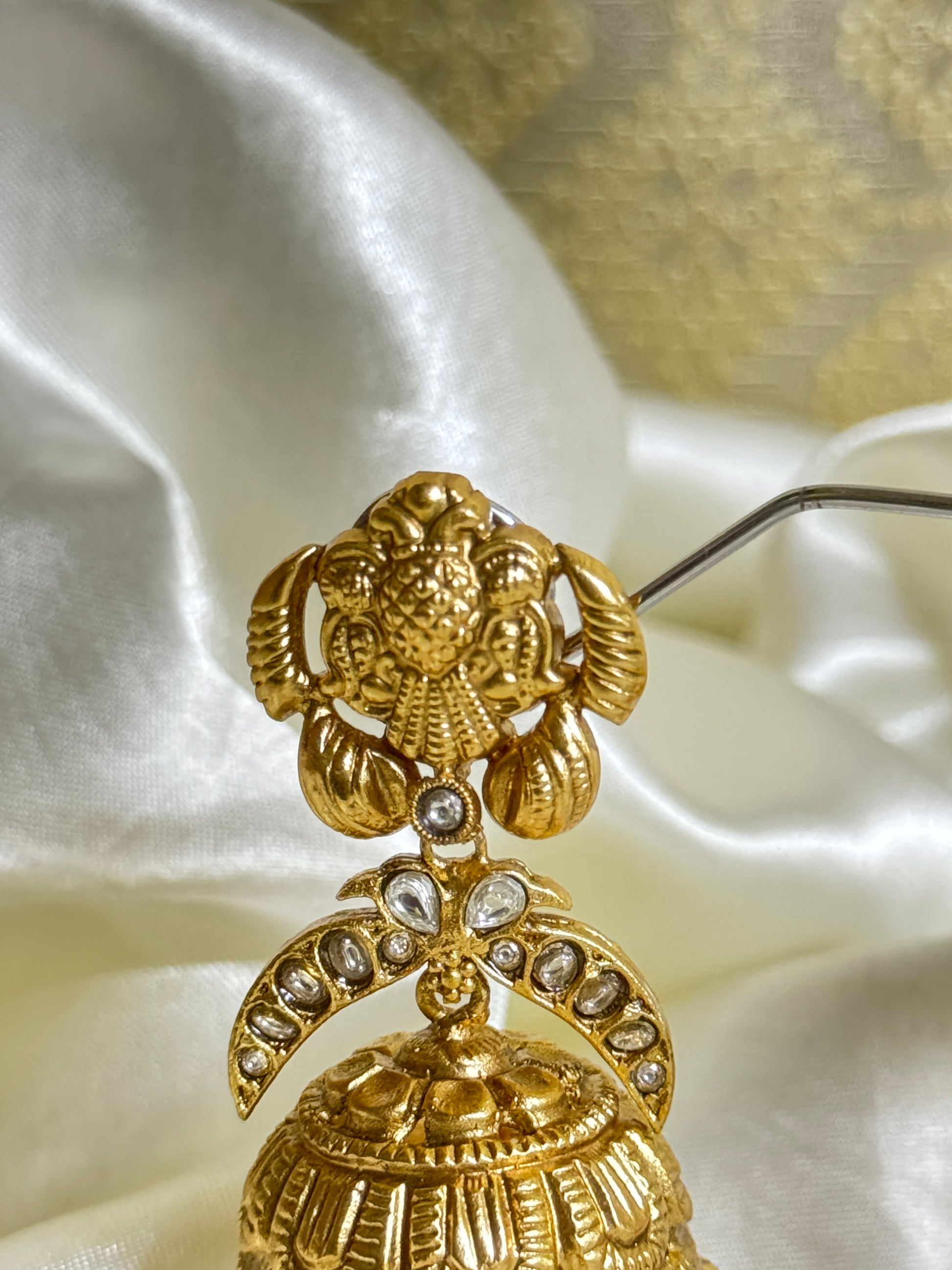 Traditional Jhumka Earrings with Floral Motif, Clear Stones & Golden Beads - Timeless Beauty - Jewels by Meena
