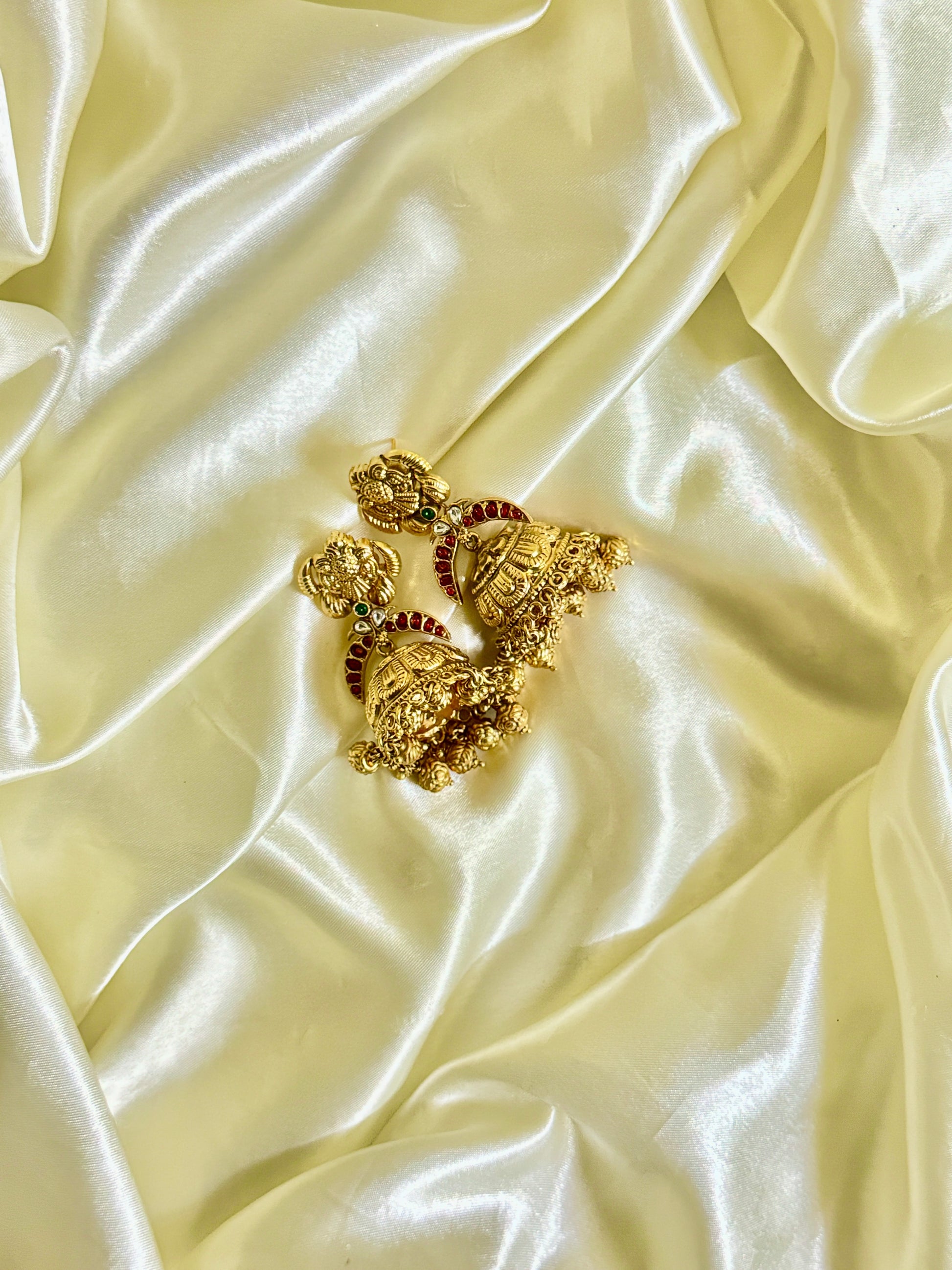 Traditional Jhumka Earrings with Floral Motif, Clear Stones & Golden Beads - Timeless Beauty - Jewels by Meena