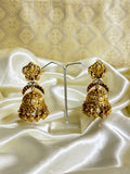Traditional Jhumka Earrings with Floral Motif, Clear Stones & Golden Beads - Timeless Beauty - Jewels by Meena