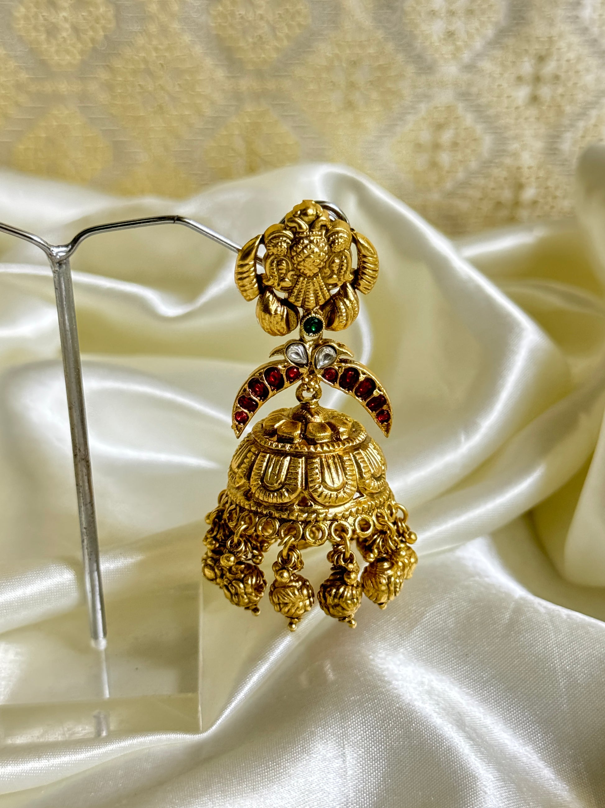 Traditional Jhumka Earrings with Floral Motif, Clear Stones & Golden Beads - Timeless Beauty - Jewels by Meena