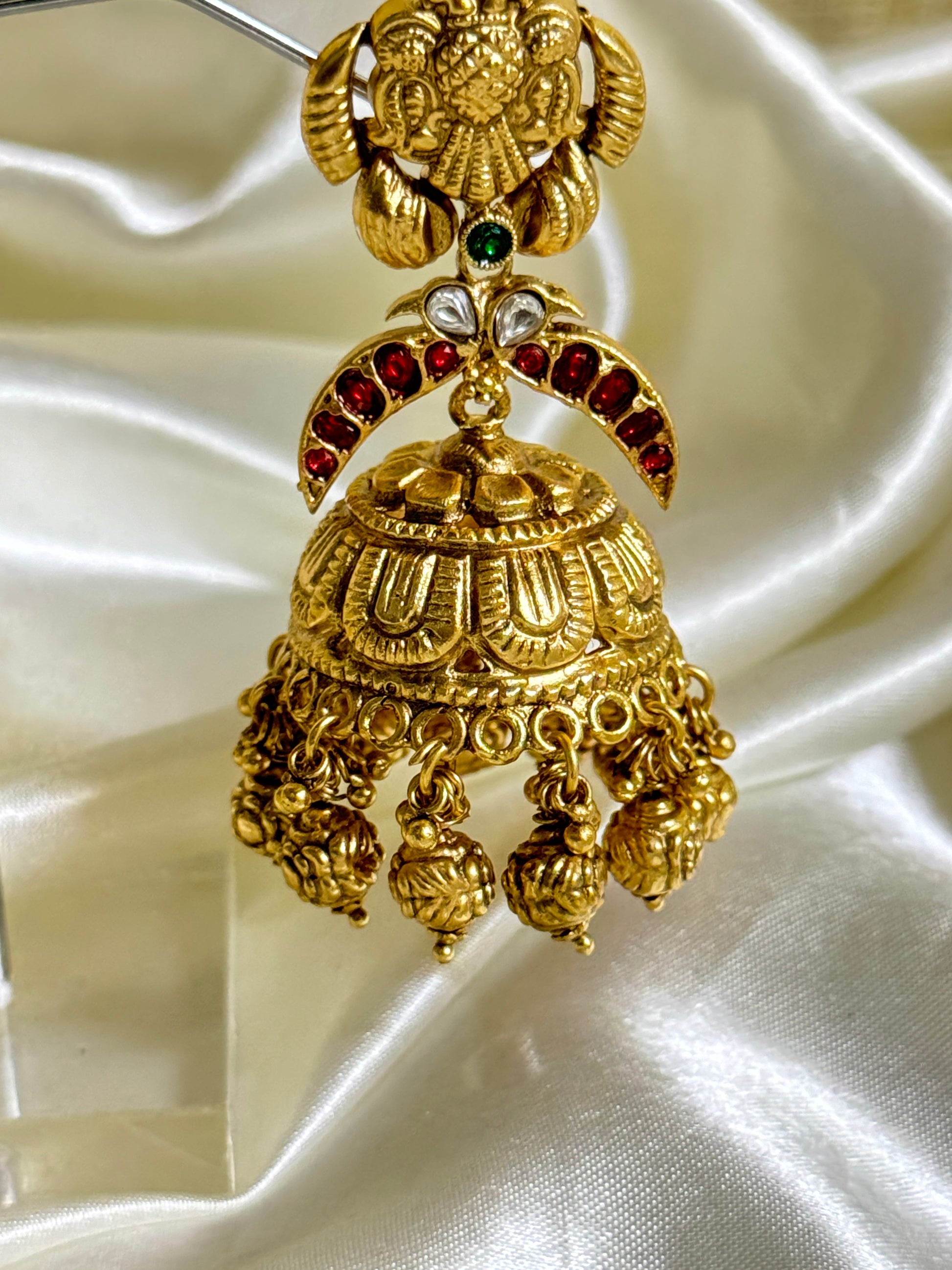 Traditional Jhumka Earrings with Floral Motif, Clear Stones & Golden Beads - Timeless Beauty - Jewels by Meena