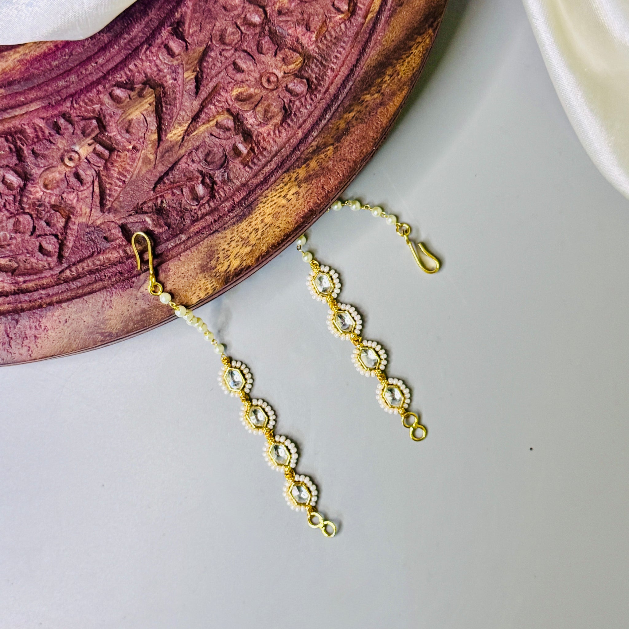 Pachi Kundan Crystal Elegance Ear Chain with 18K Gold Plating