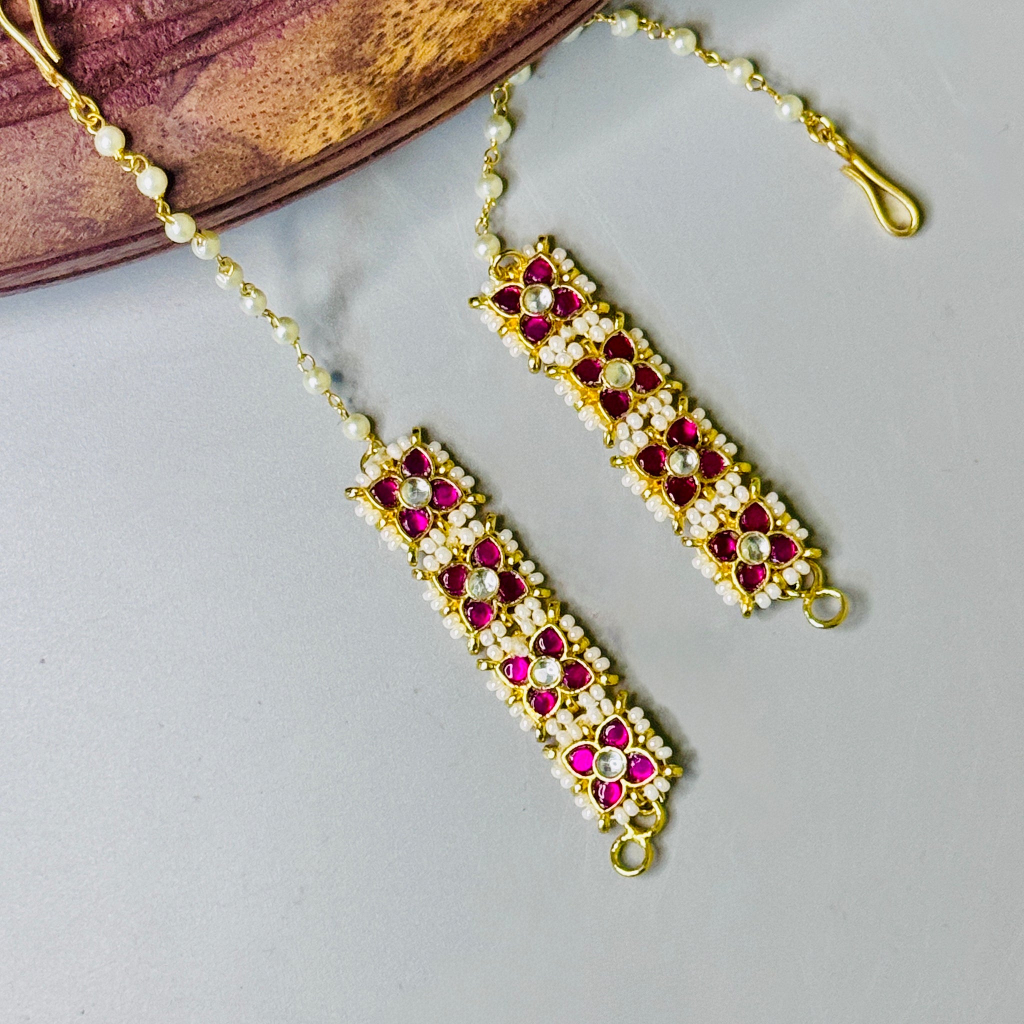 Elegant Floral Ear Chain with Pink Stones & Pachi Kundan Look With 18k Gold Plated