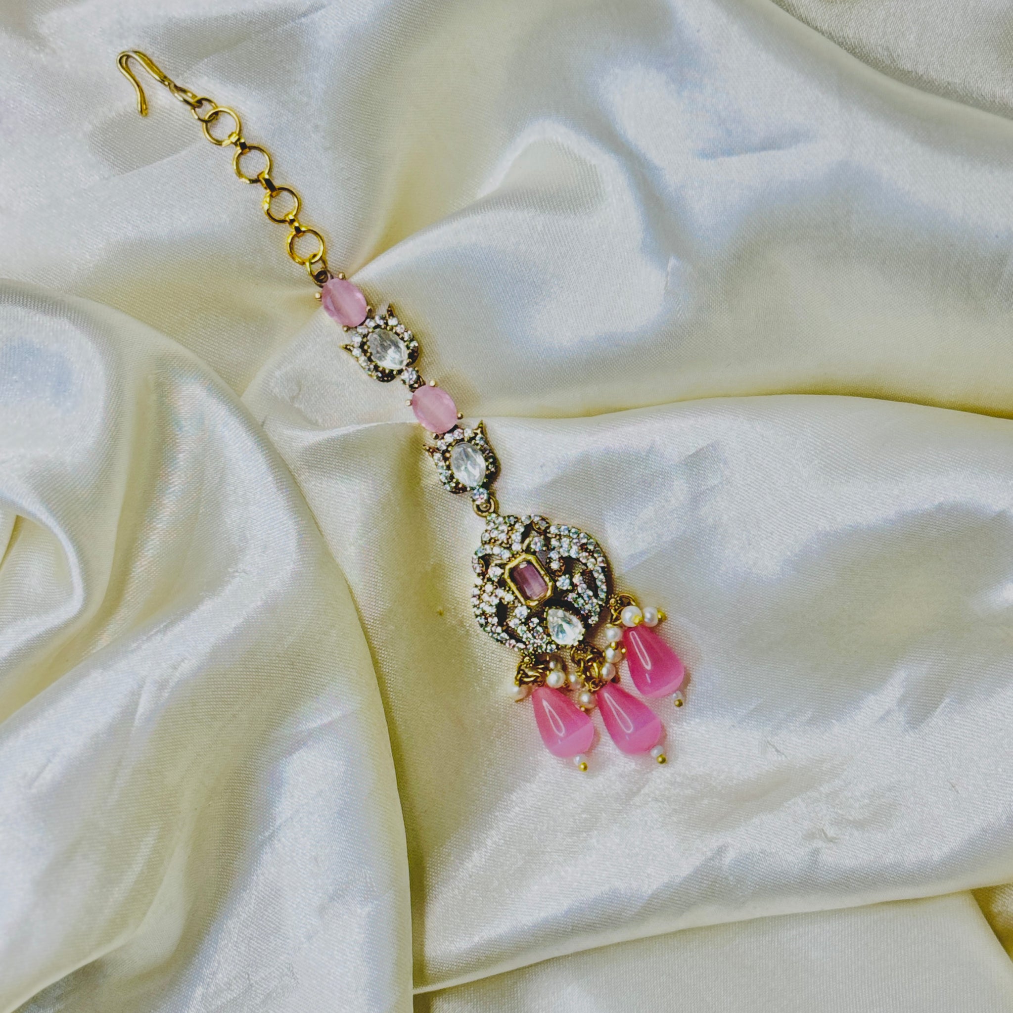 Elegant Pink Stone Maangtikka with White Beads