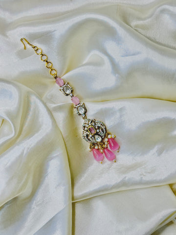 Elegant Pink Stone Maangtikka with White Beads