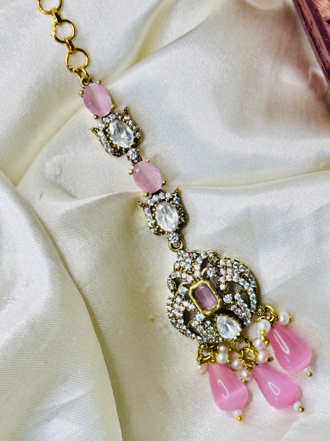 Elegant Pink Stone Maangtikka with White Beads