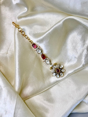 Regal Peacock Maangtikka with Red Stones & Floral Accents