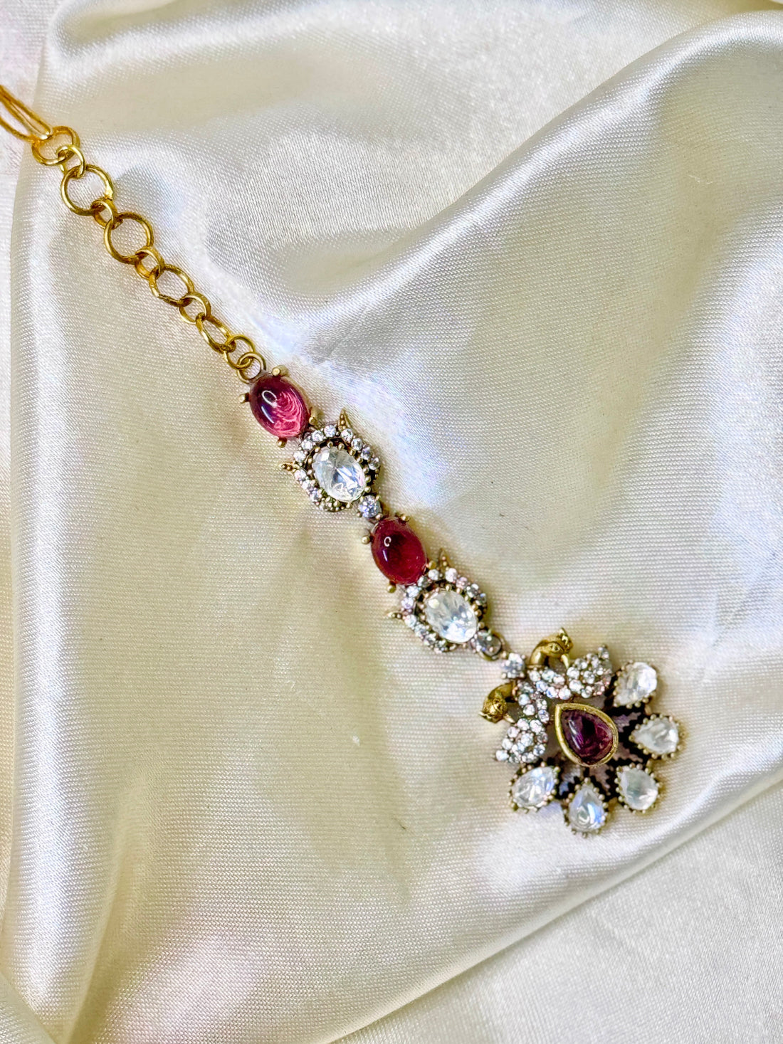 Regal Peacock Maangtikka with Red Stones & Floral Accents