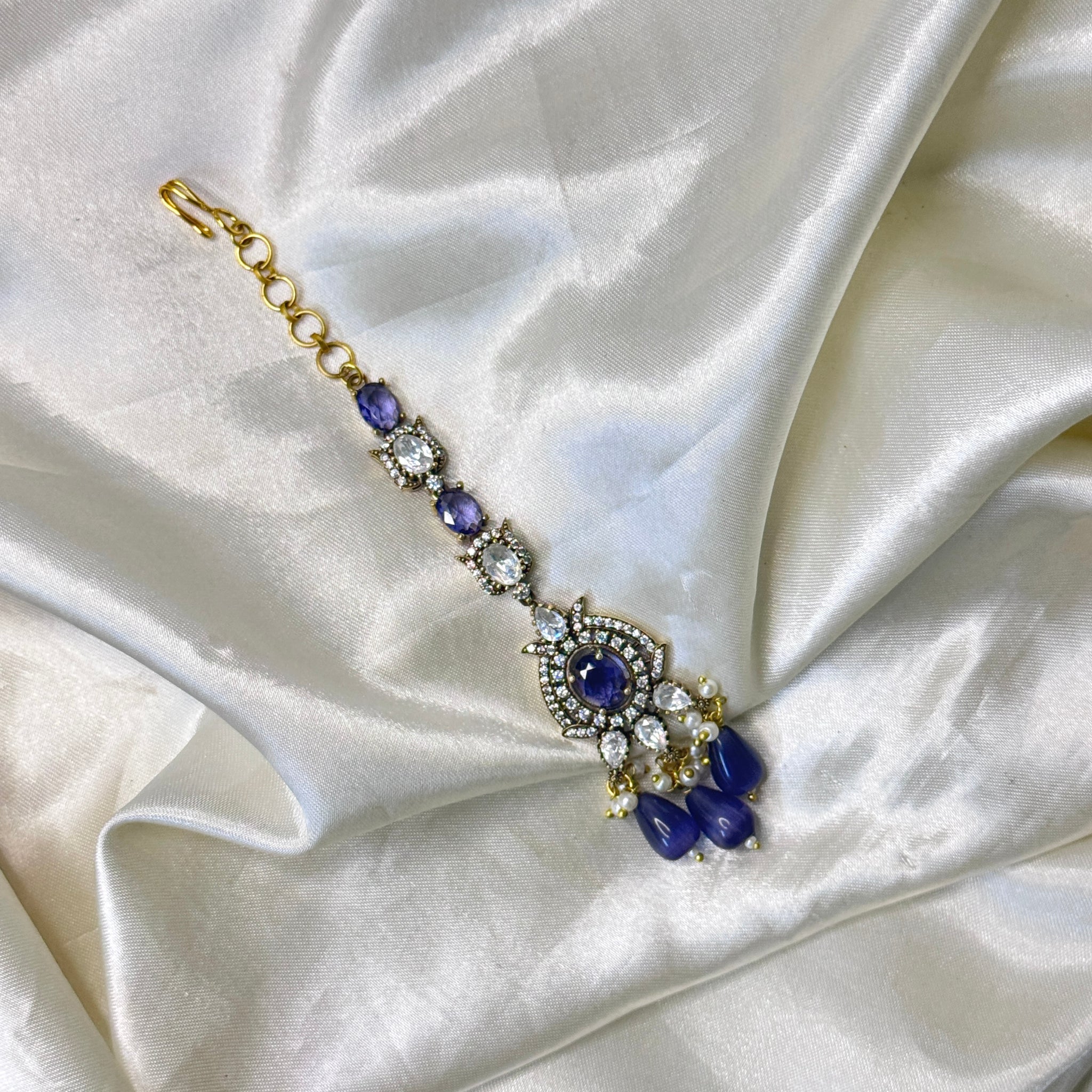 Exquisite Purple Stone Maangtikka with Matching Beads