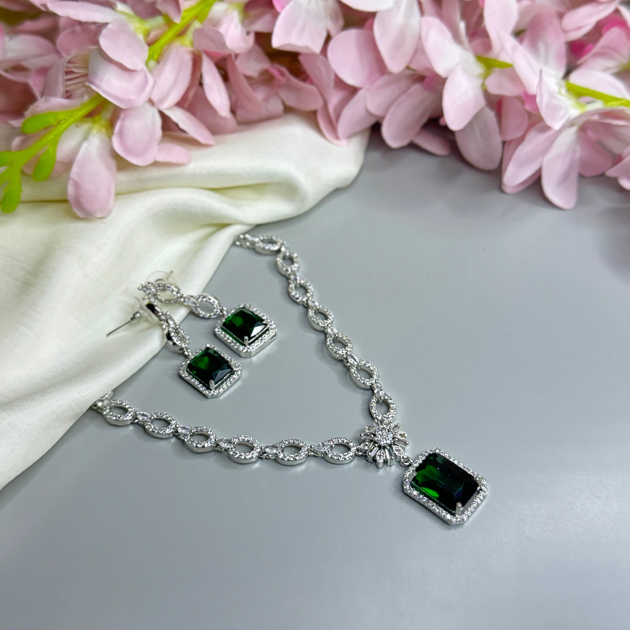 "Elegant AD Necklace with Emerald Green Stone Pendant" - Jewels by Meena