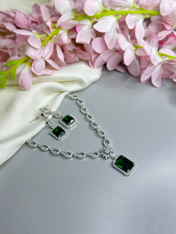 "Elegant AD Necklace with Emerald Green Stone Pendant" - Jewels by Meena