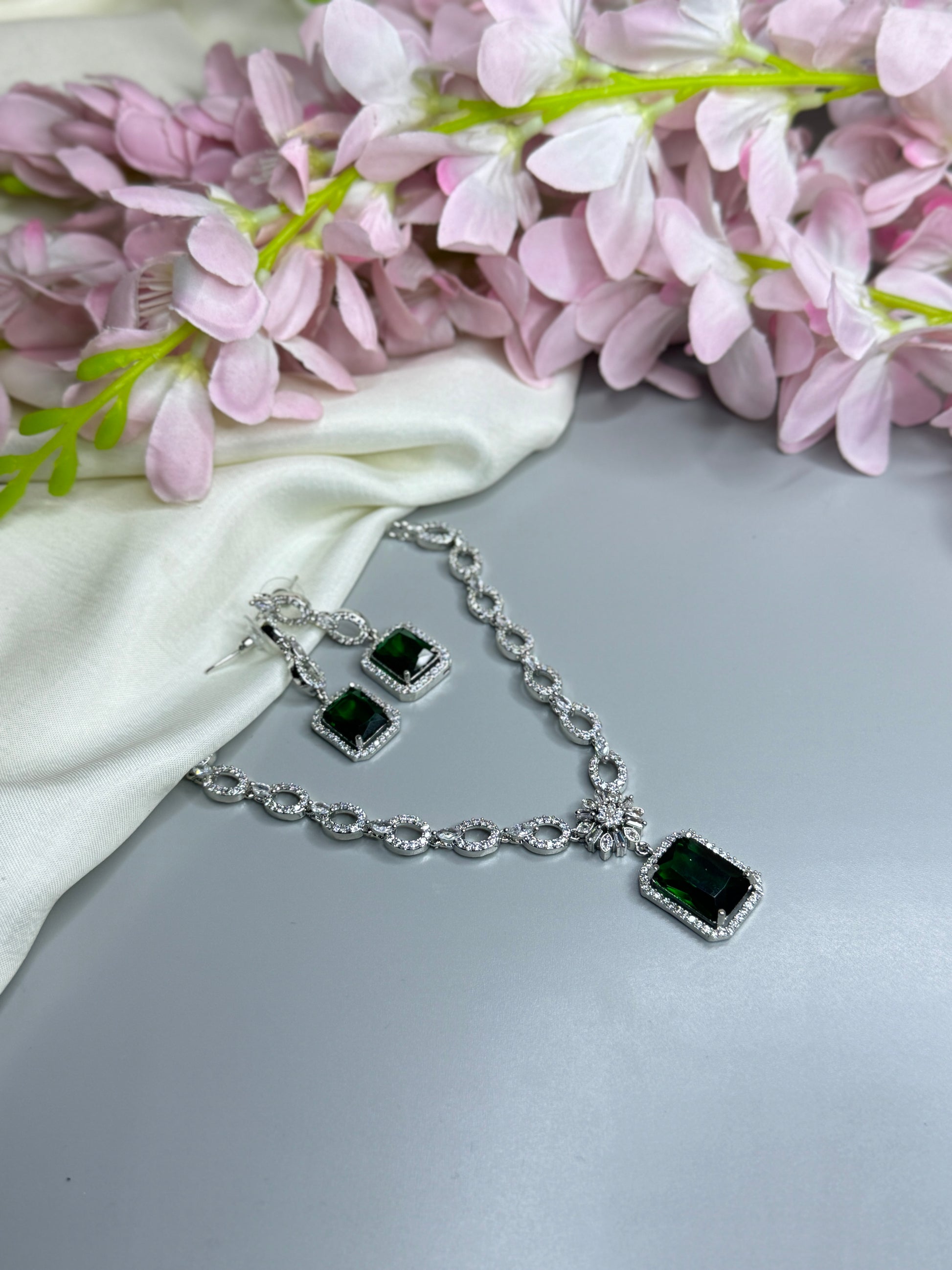 "Elegant AD Necklace with Emerald Green Stone Pendant" - Jewels by Meena