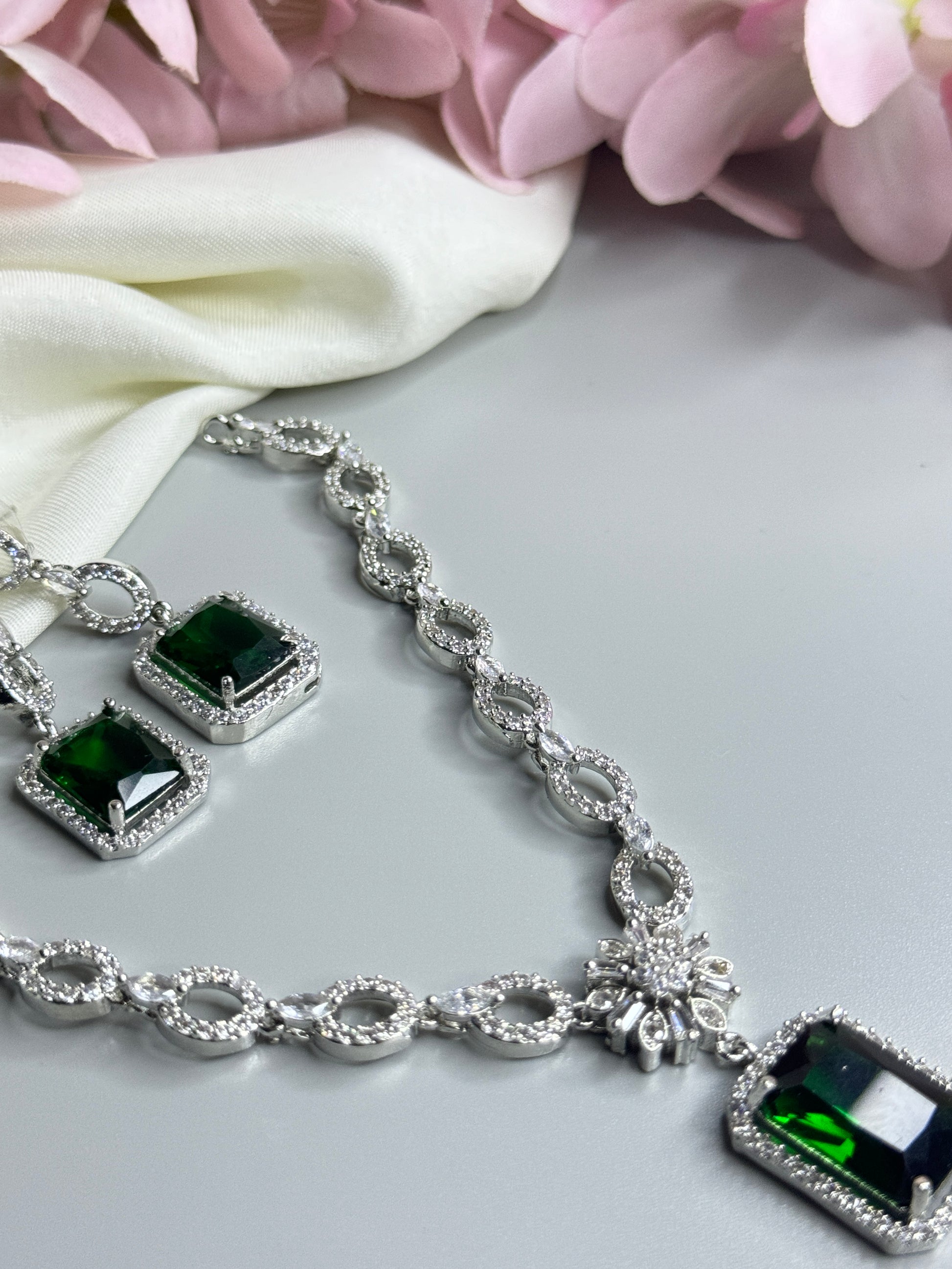 "Elegant AD Necklace with Emerald Green Stone Pendant" - Jewels by Meena