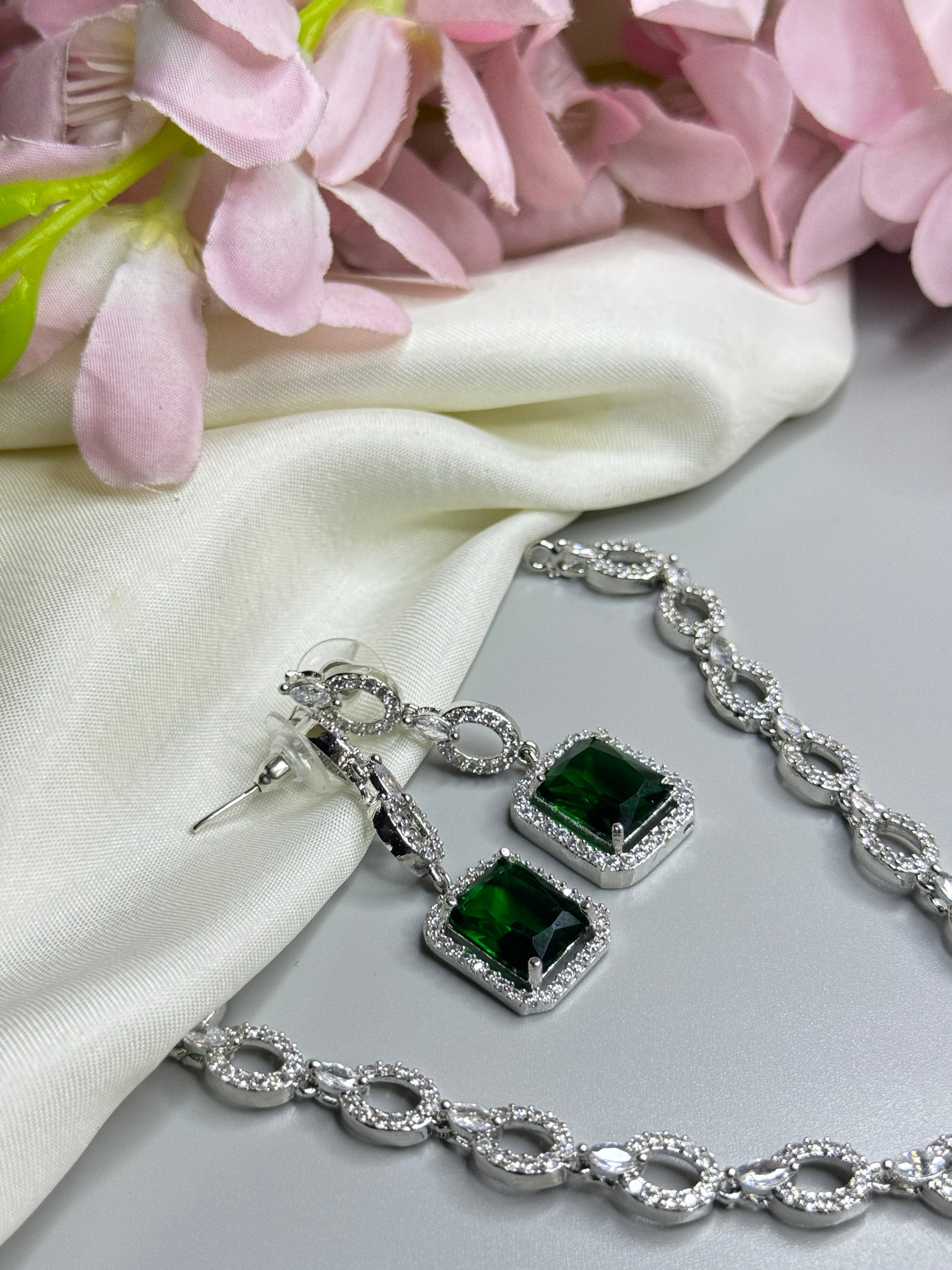 "Elegant AD Necklace with Emerald Green Stone Pendant" - Jewels by Meena