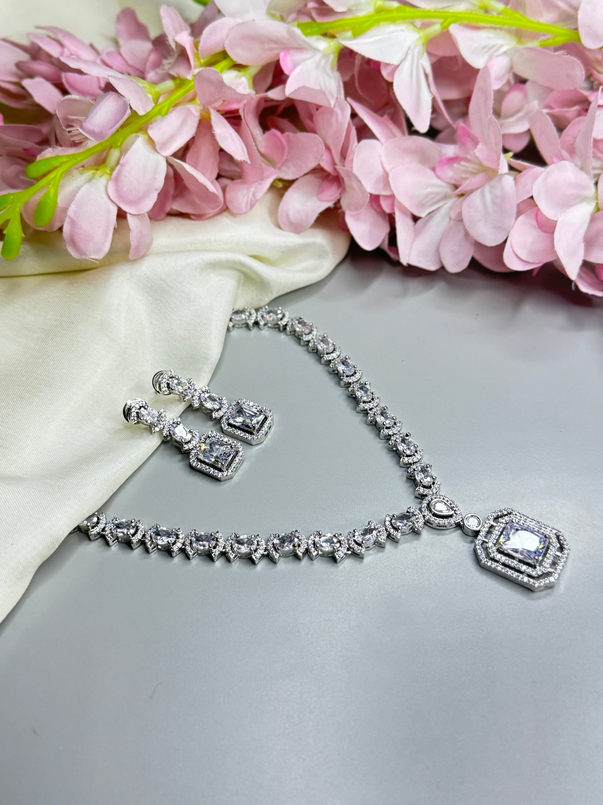 "Elegant AD Necklace with Emerald Green Stone Pendant" - Jewels by Meena