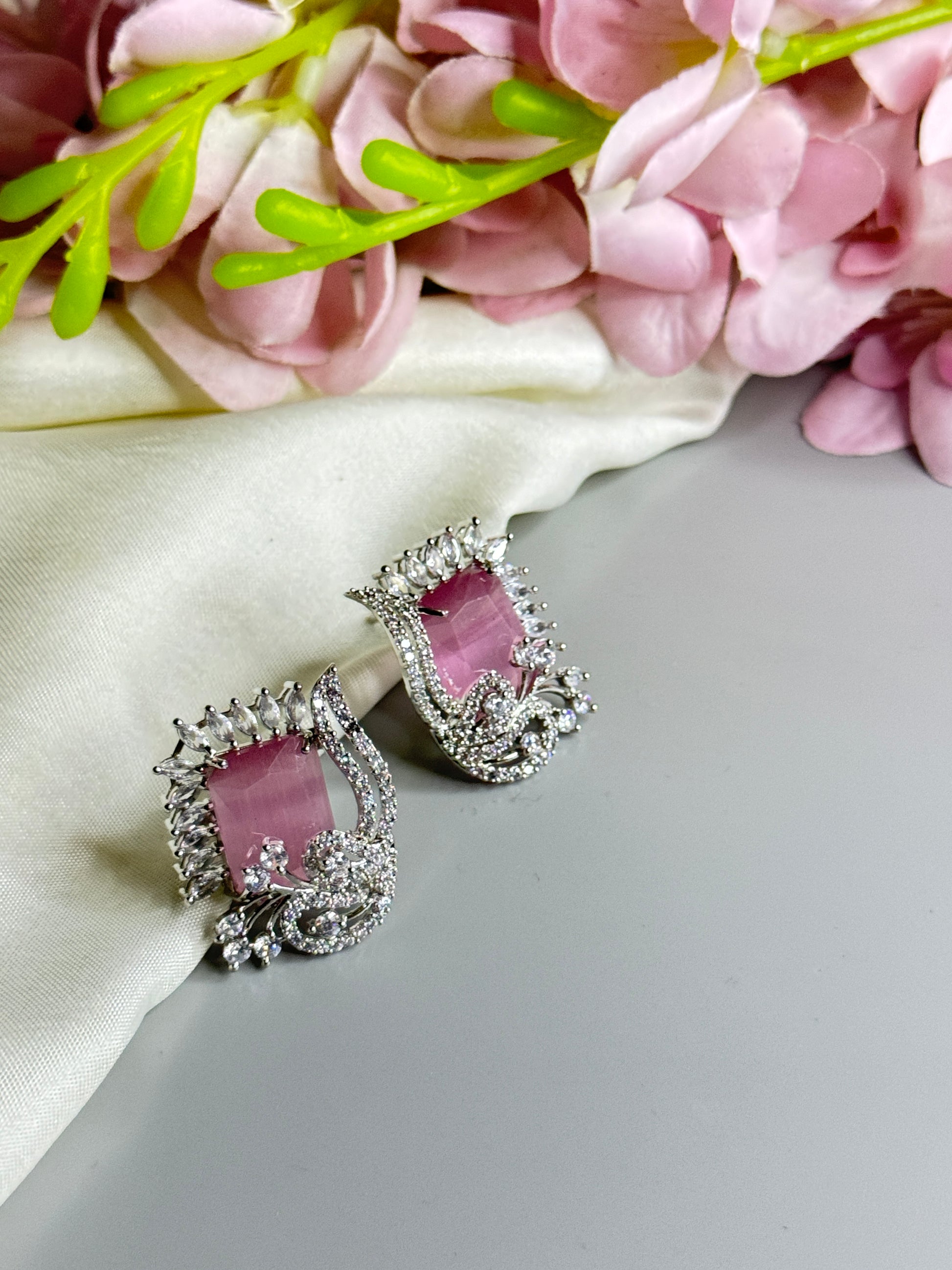 "Lovely AD Earrings with Stunning Pink Stones" - Jewels by Meena