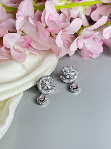 "Charming Floral Earrings with Pink Stone and Crystal Accents"