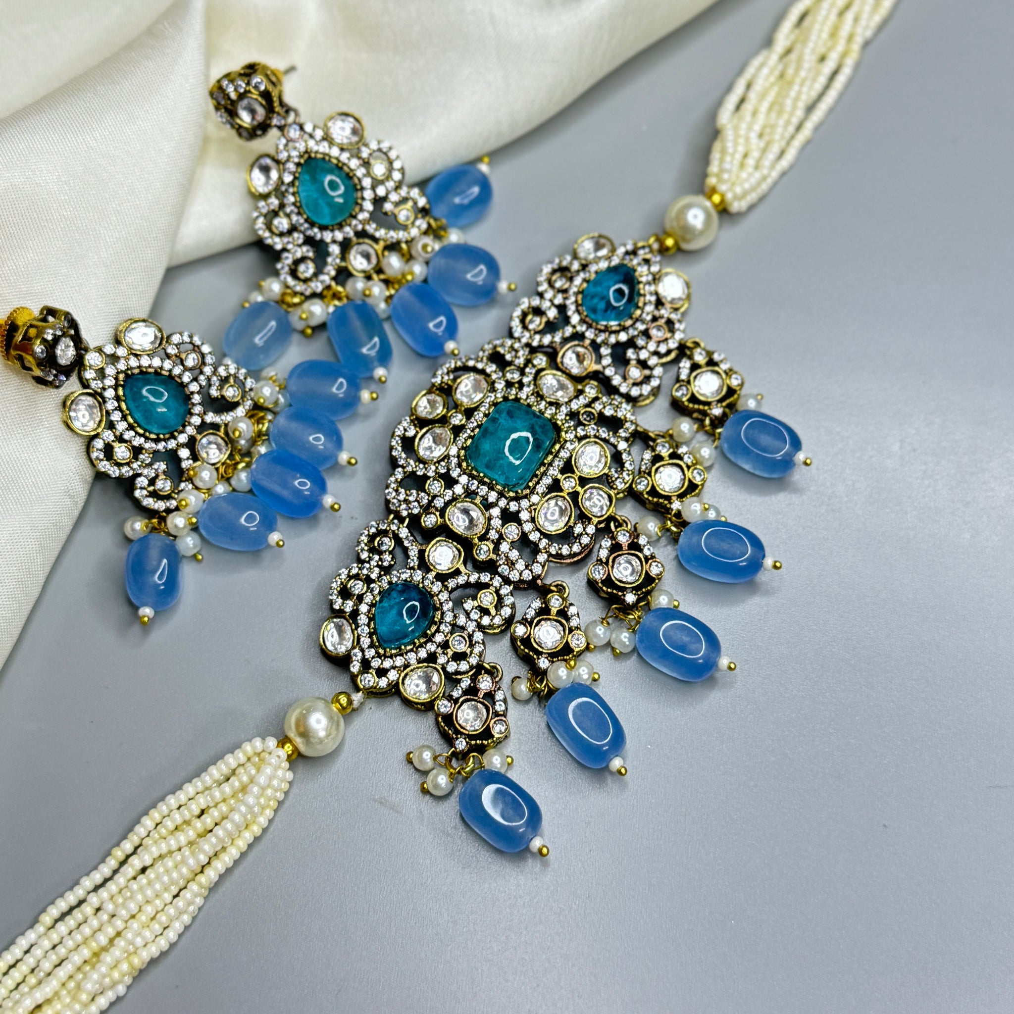 Victorian Blue Stone Choker with Crystal Accents