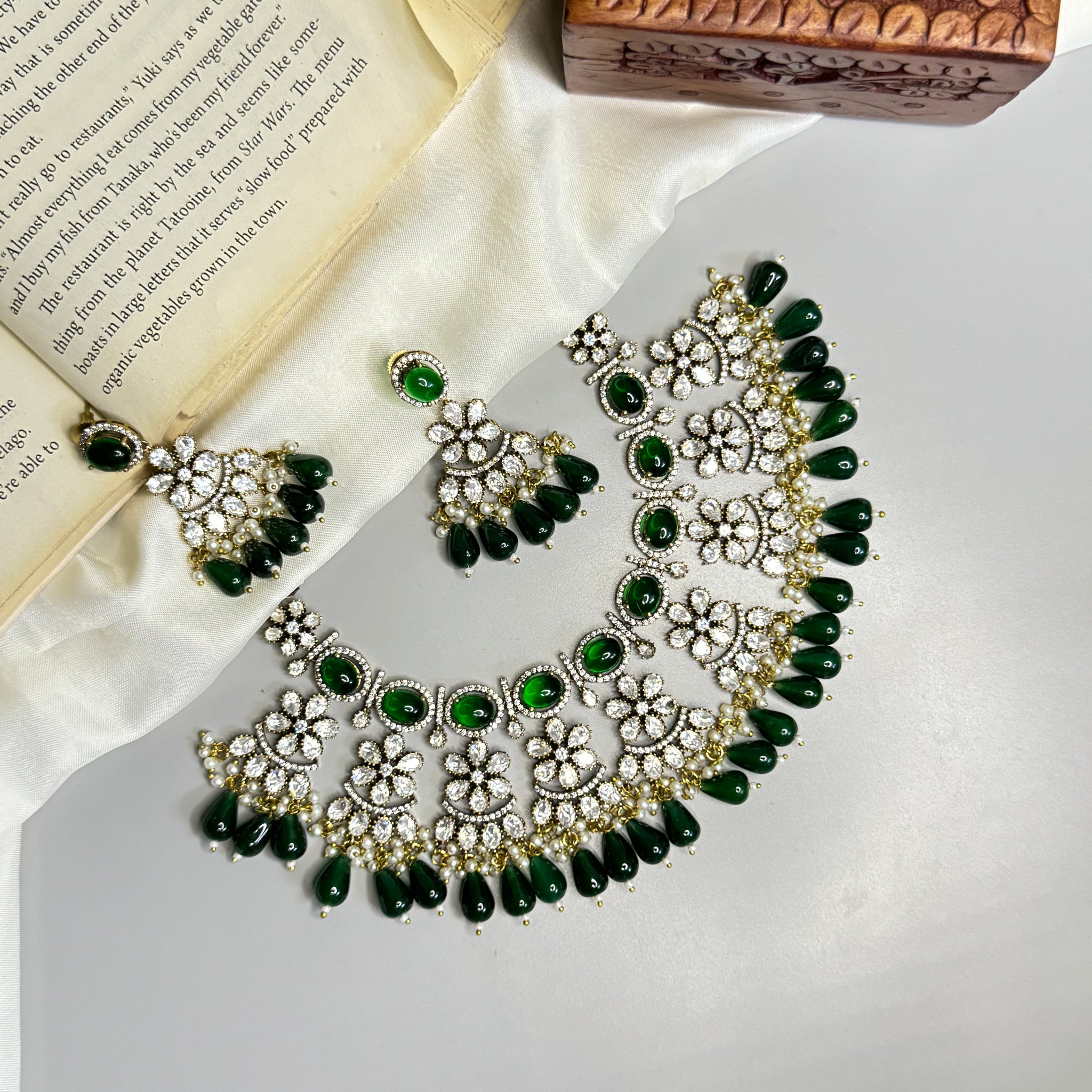 "Victorian Emerald Blossom Necklace Set with green beads"