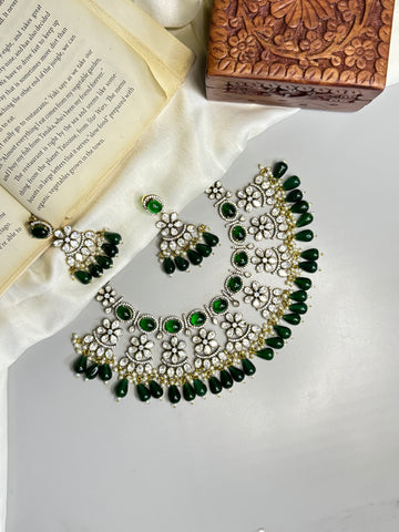 "Victorian Emerald Blossom Necklace Set with green beads"