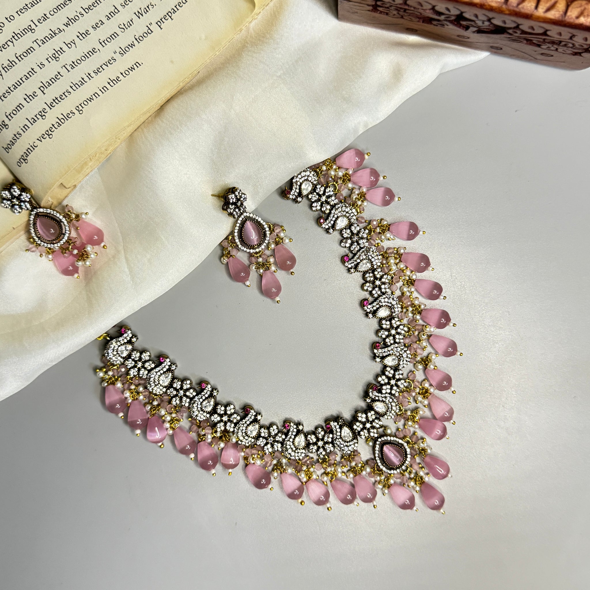 "Enchanting Victorian Peacock Necklace with Pink Beads