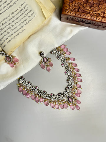 "Enchanting Victorian Peacock Necklace with Pink Beads