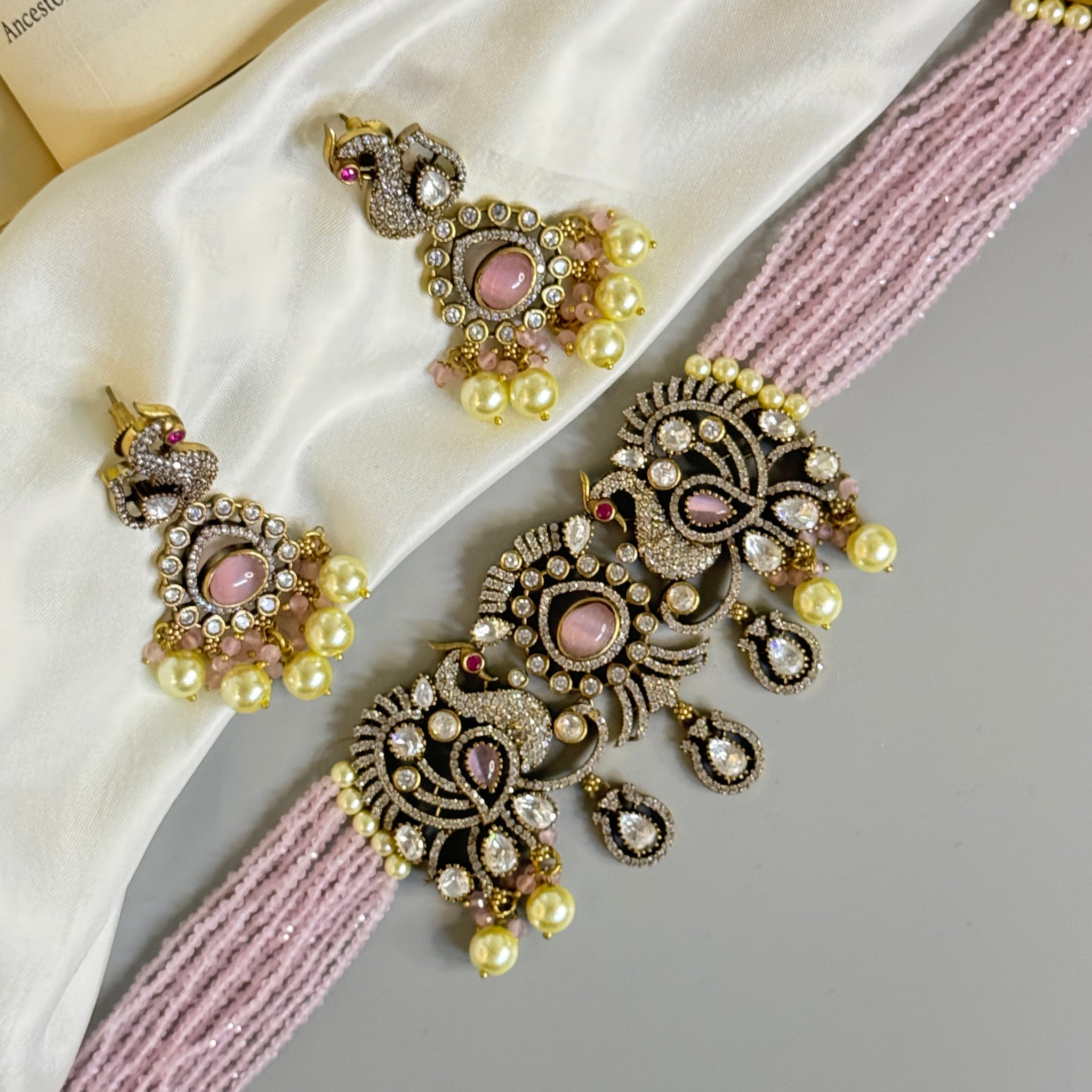 "Elegant Victorian Peacock Choker with Pink Beads and Stones"