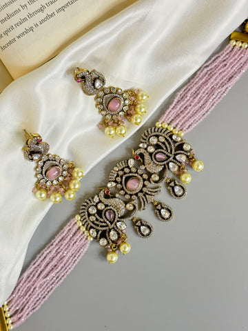 "Elegant Victorian Peacock Choker with Pink Beads and Stones"