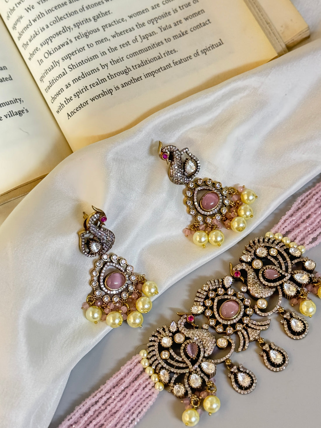 "Elegant Victorian Peacock Choker with Pink Beads and Stones"