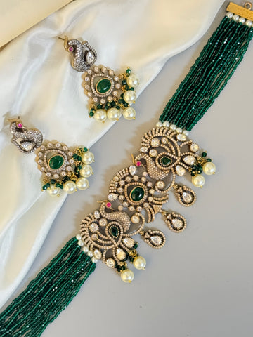 "Victorian-Inspired Peacock Choker with Green Beads and Pearl Drops"