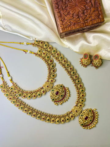 Traditional Floral & Leaf Motif Necklace Set with Red-Green Stones & Golden Beads